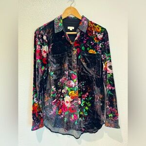 PILCRO The Hadley Velvet Floral Button Up Shirt Women's XS Black Long Sleeve